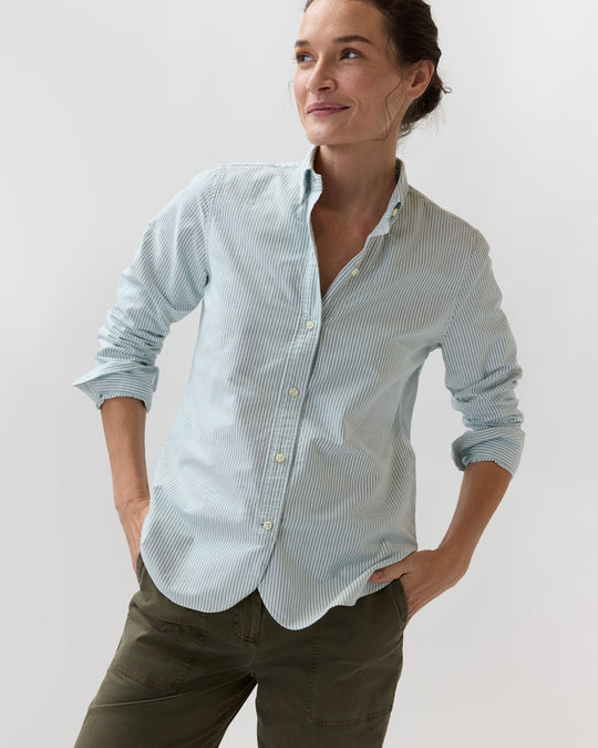 Schoolgirl Shirt in Green/White University Stripe Oxford
