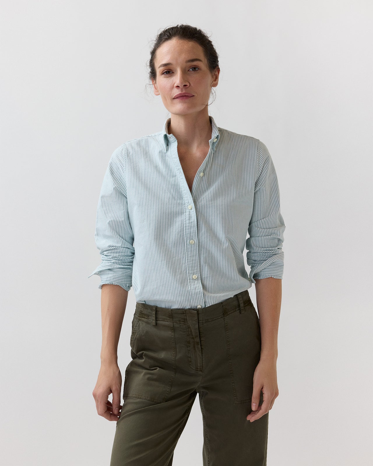 Schoolgirl Shirt in Green/White University Stripe Oxford
