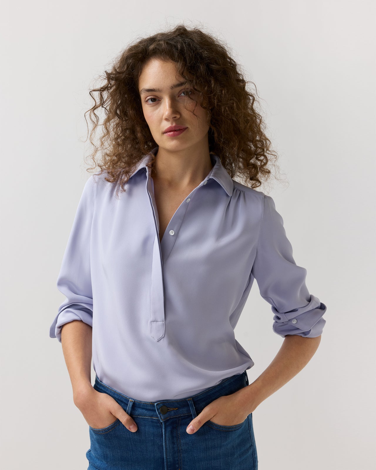 Natalia Blouse in Pale Lavender Silk Crepe De Chine