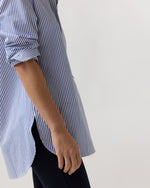 Load image into Gallery viewer, Christiane Bib-Front Tunic in Blue/White Bengal Stripe Compact Cotton
