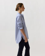 Load image into Gallery viewer, Christiane Bib-Front Tunic in Blue/White Bengal Stripe Compact Cotton
