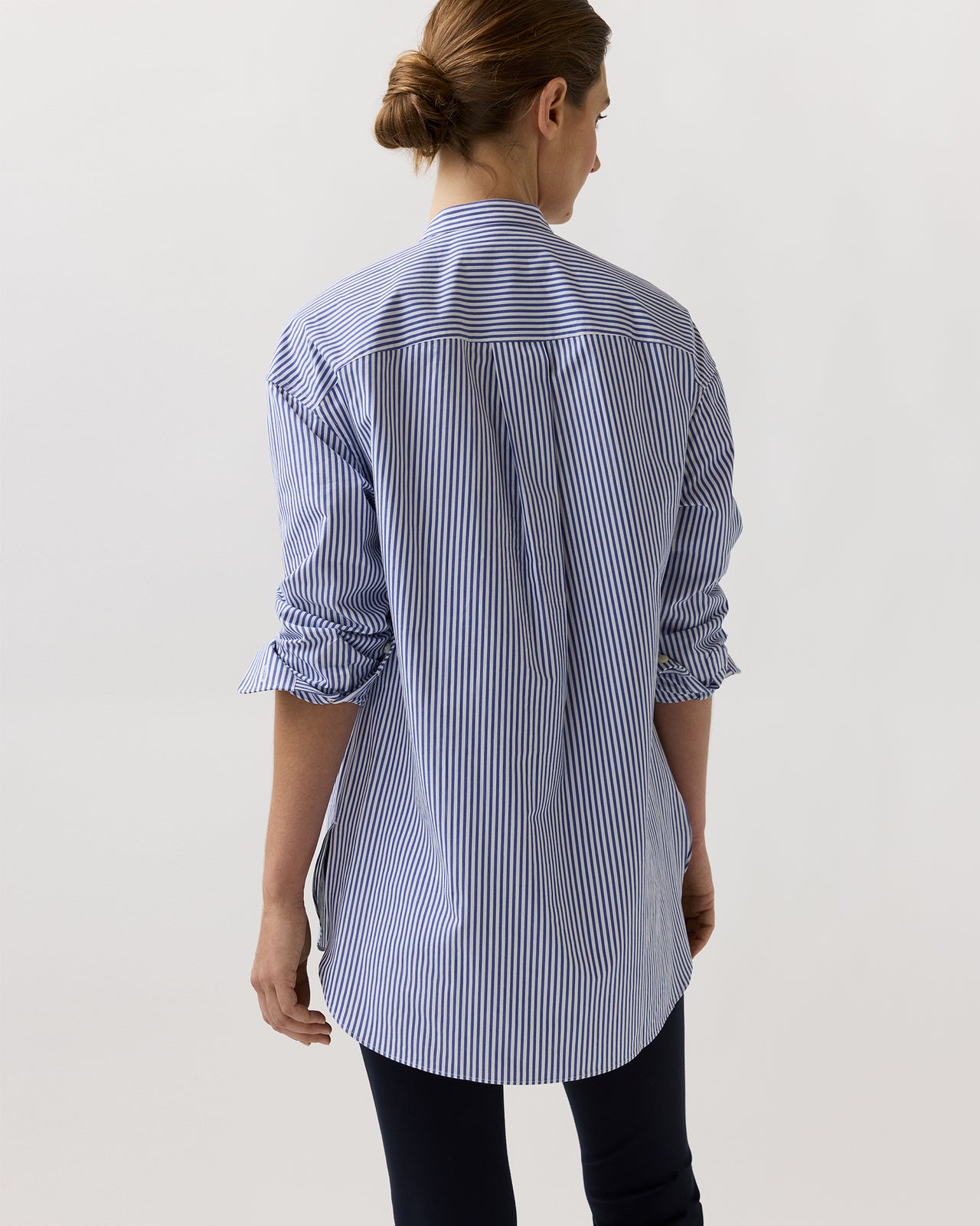 Christiane Bib-Front Tunic in Blue/White Bengal Stripe Compact Cotton