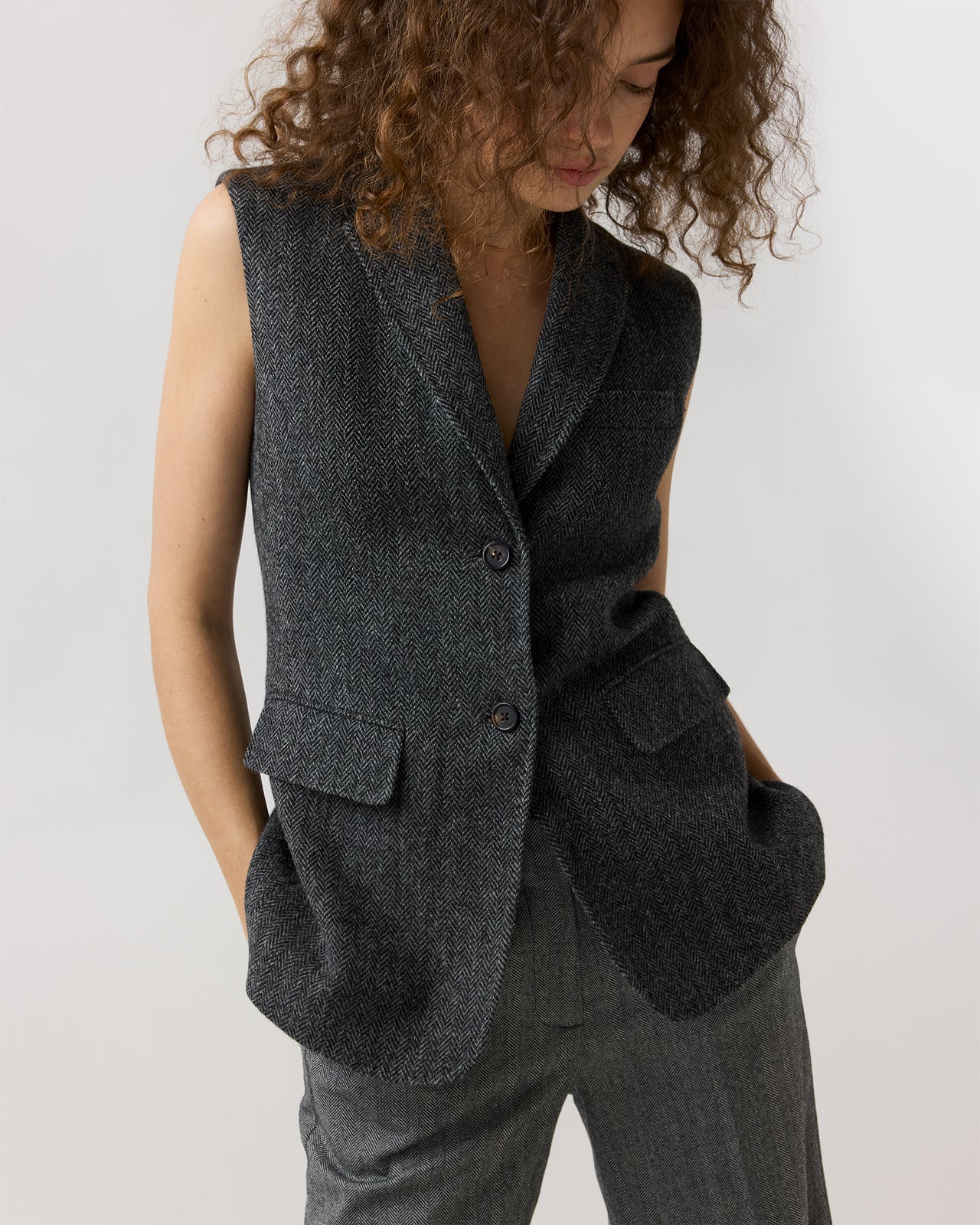 Channing Vest in Charcoal Wool Herringbone