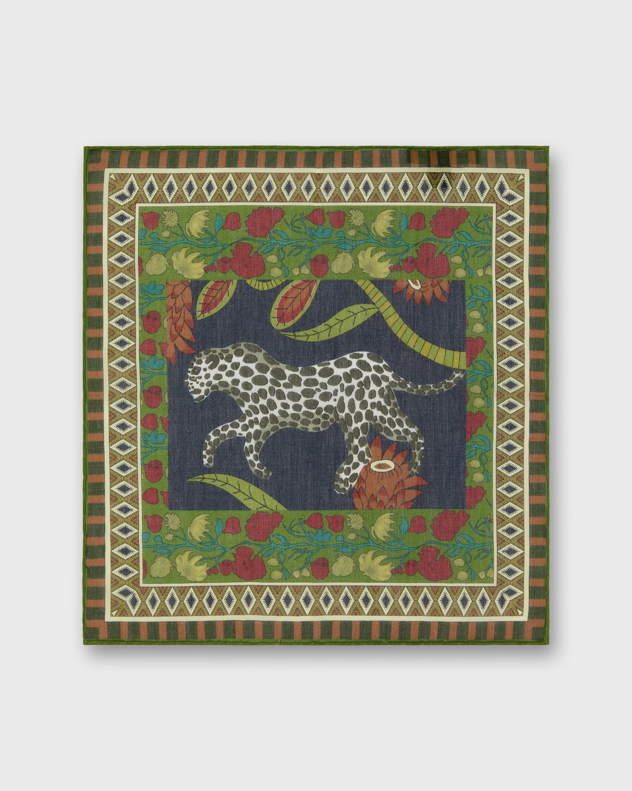Hand-Rolled Cotton Print Pocket Square in Lovat/Berry Leopard