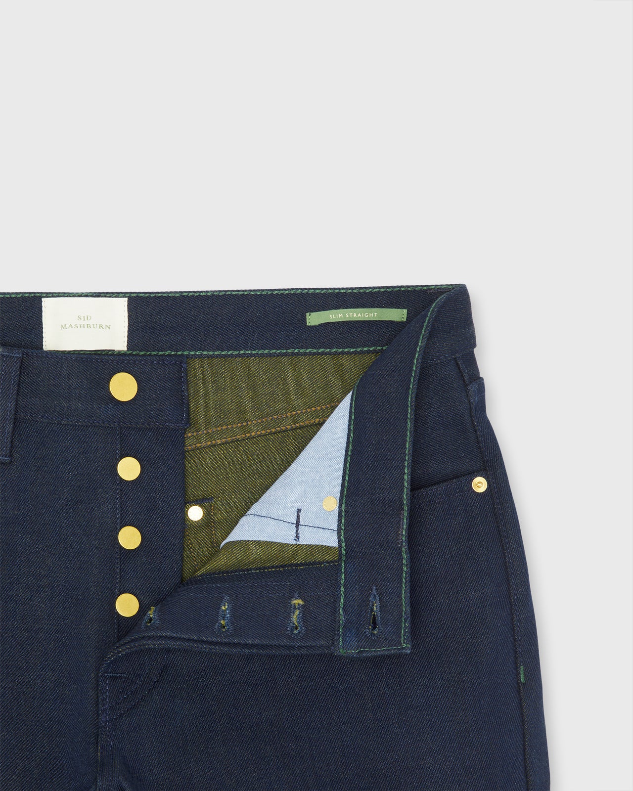 Slim Straight Jean in Indigo/Moss Selvedge Rigid Denim