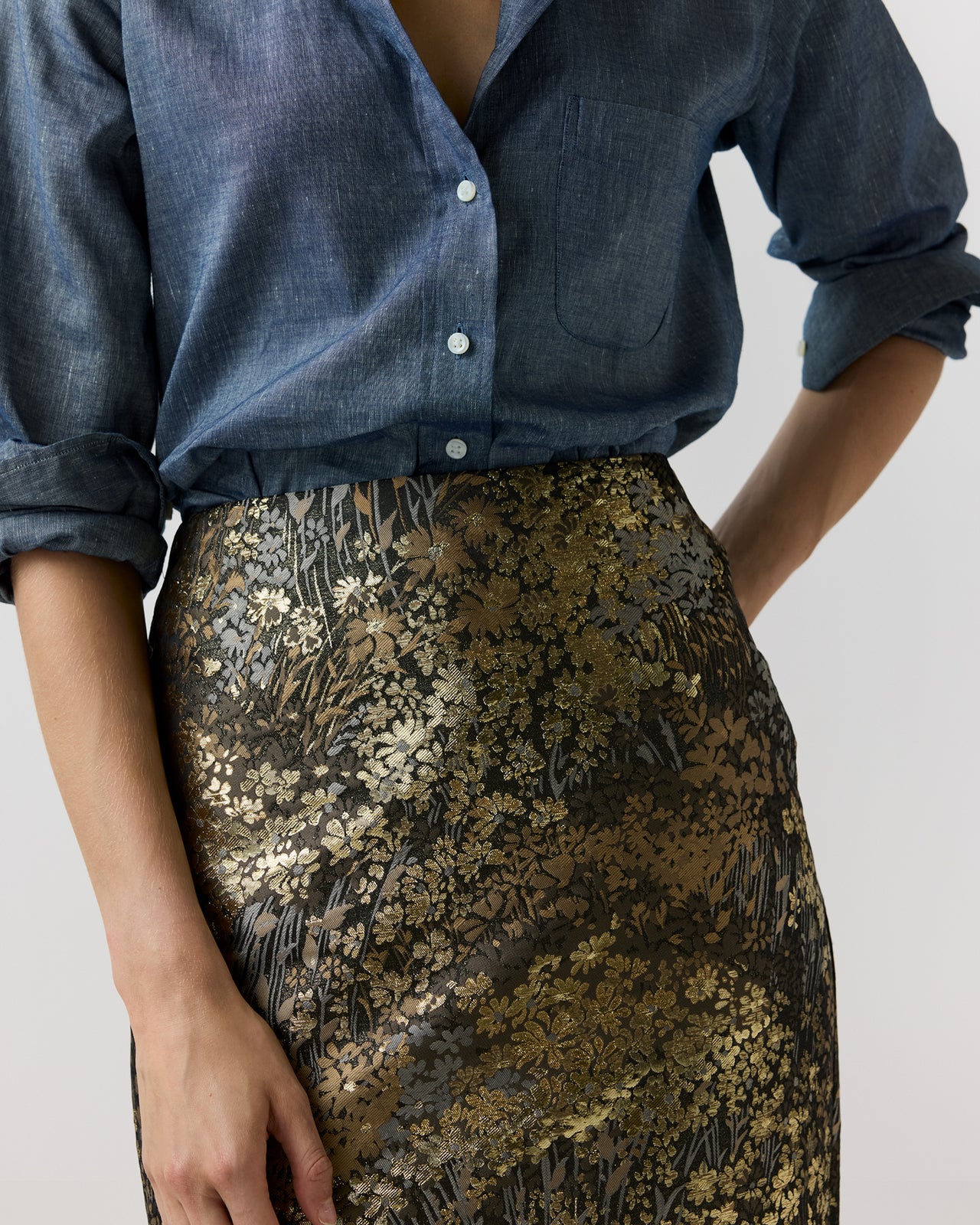 Aurora Skirt in Brown/Gold Metallic Floral Jacquard