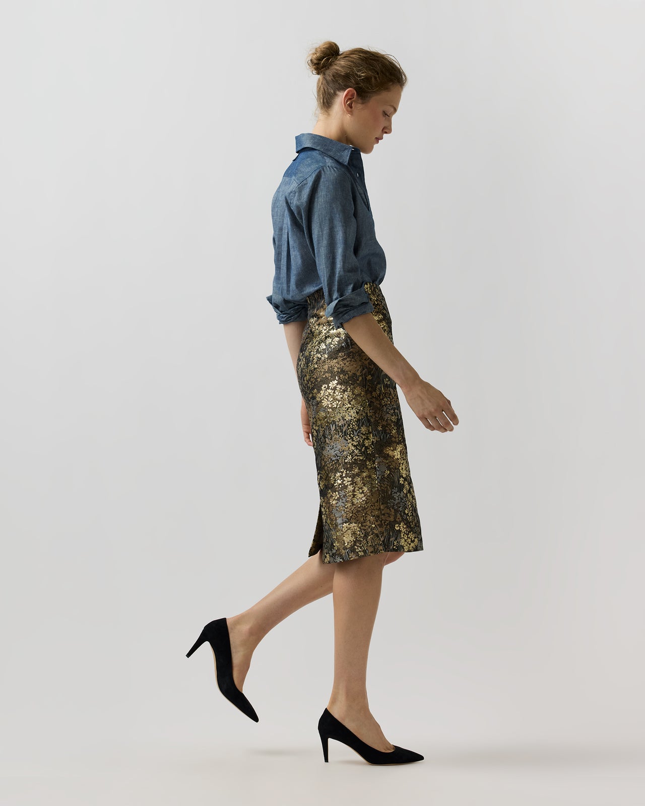 Aurora Skirt in Brown/Gold Metallic Floral Jacquard