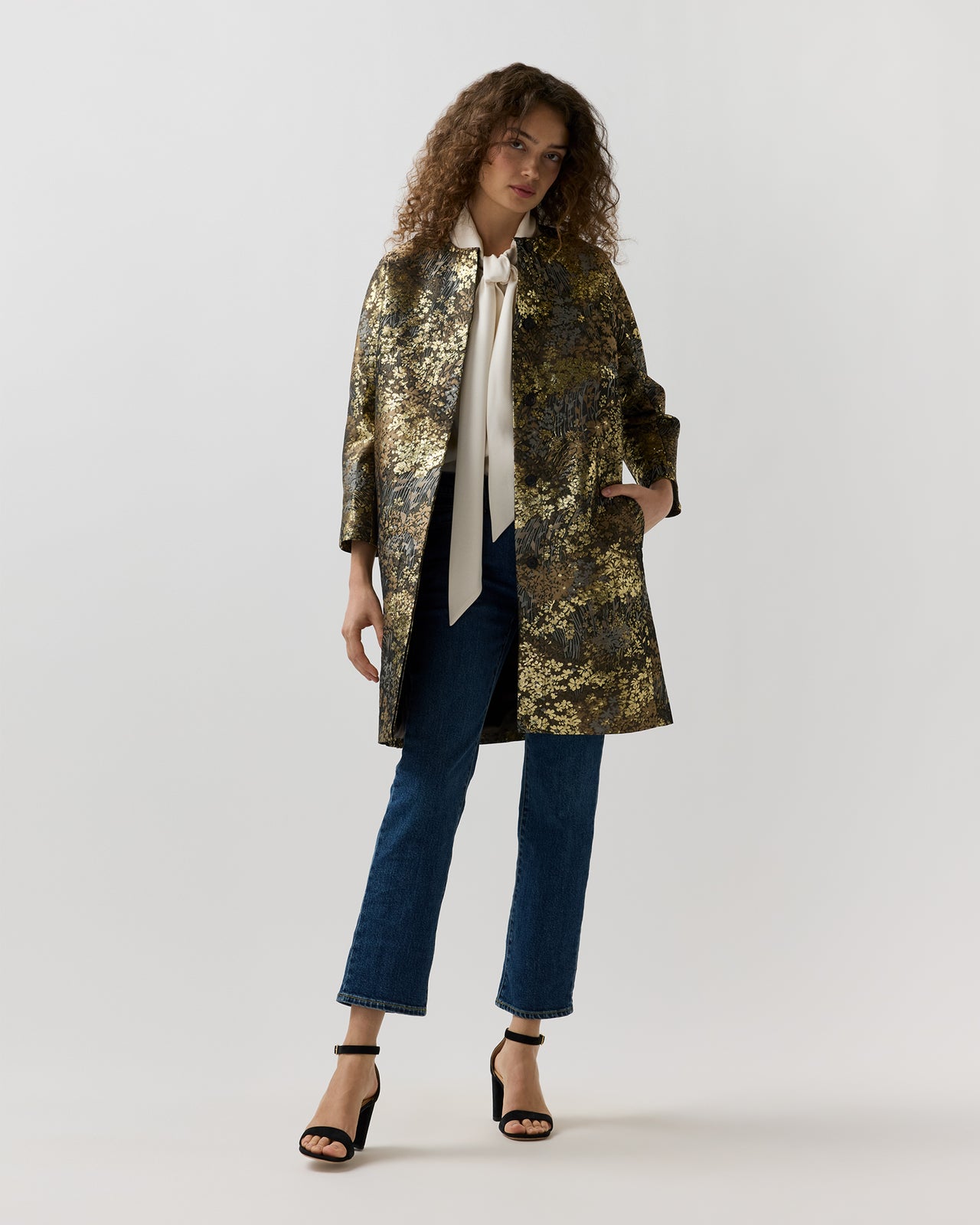 Reed Evening Coat in Brown/Gold Metallic Floral Jacquard
