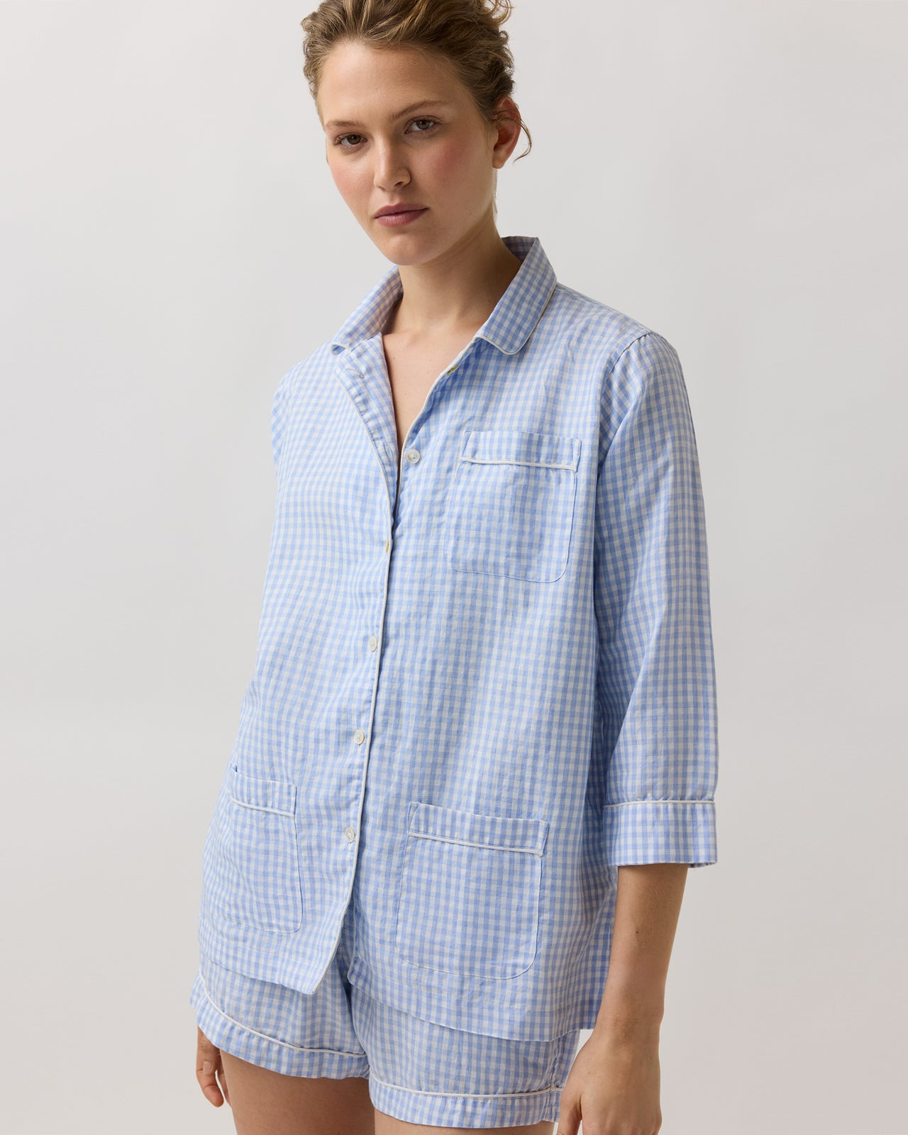 Hailey Pajama Shorts Set in Sky Blue Gingham
