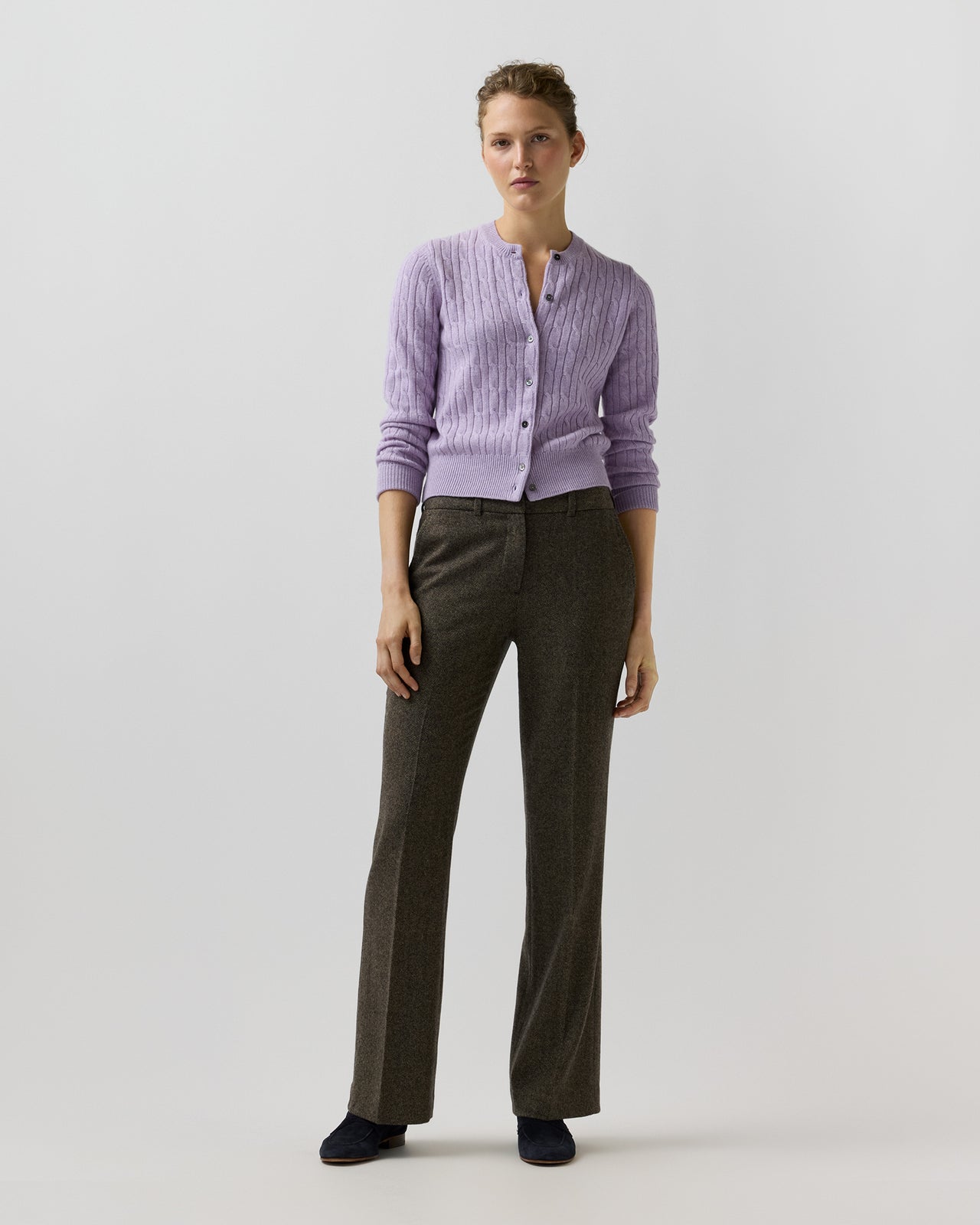 Rosie Cable Cardigan in Heather Lavender Cashmere