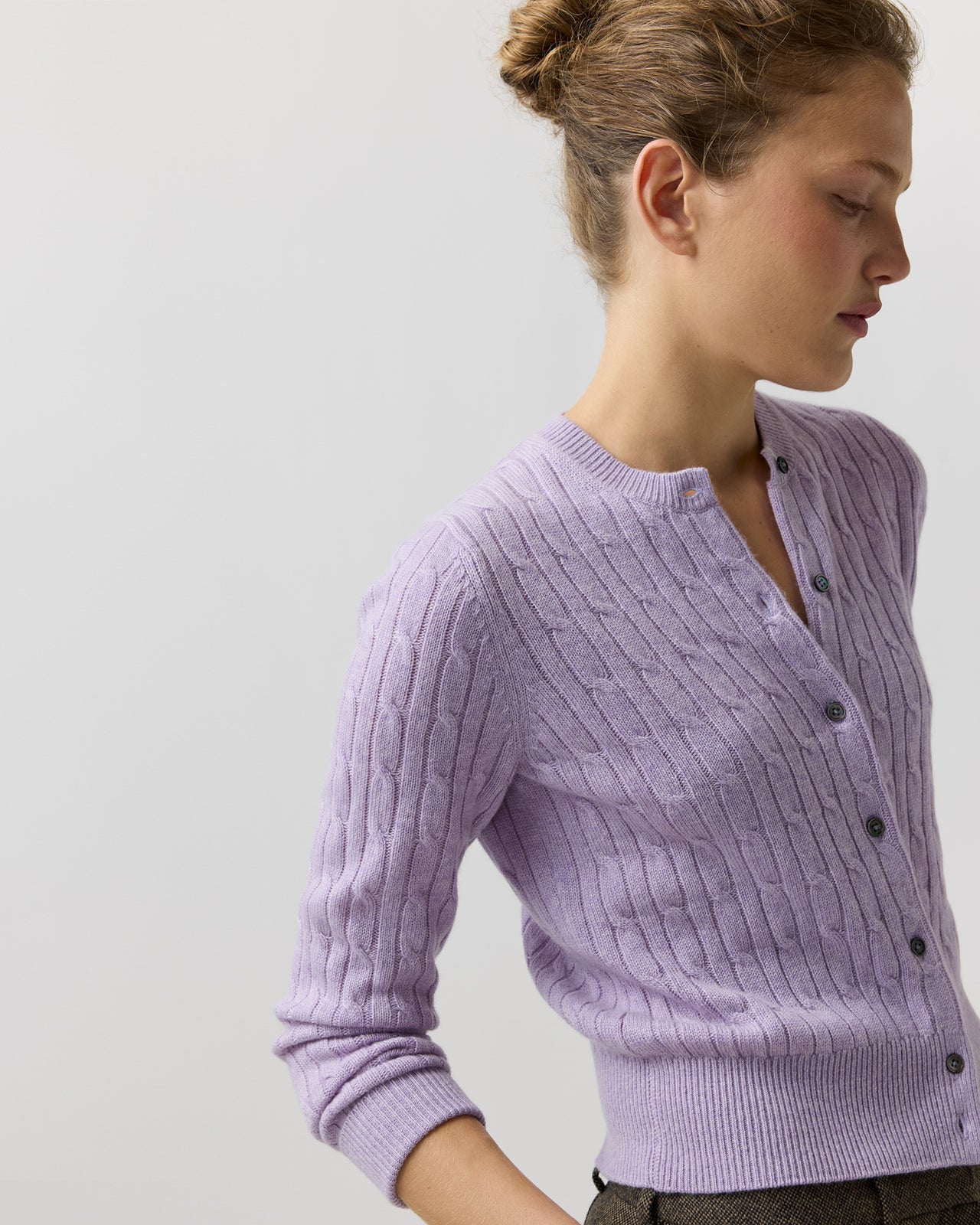 Rosie Cable Cardigan in Heather Lavender Cashmere