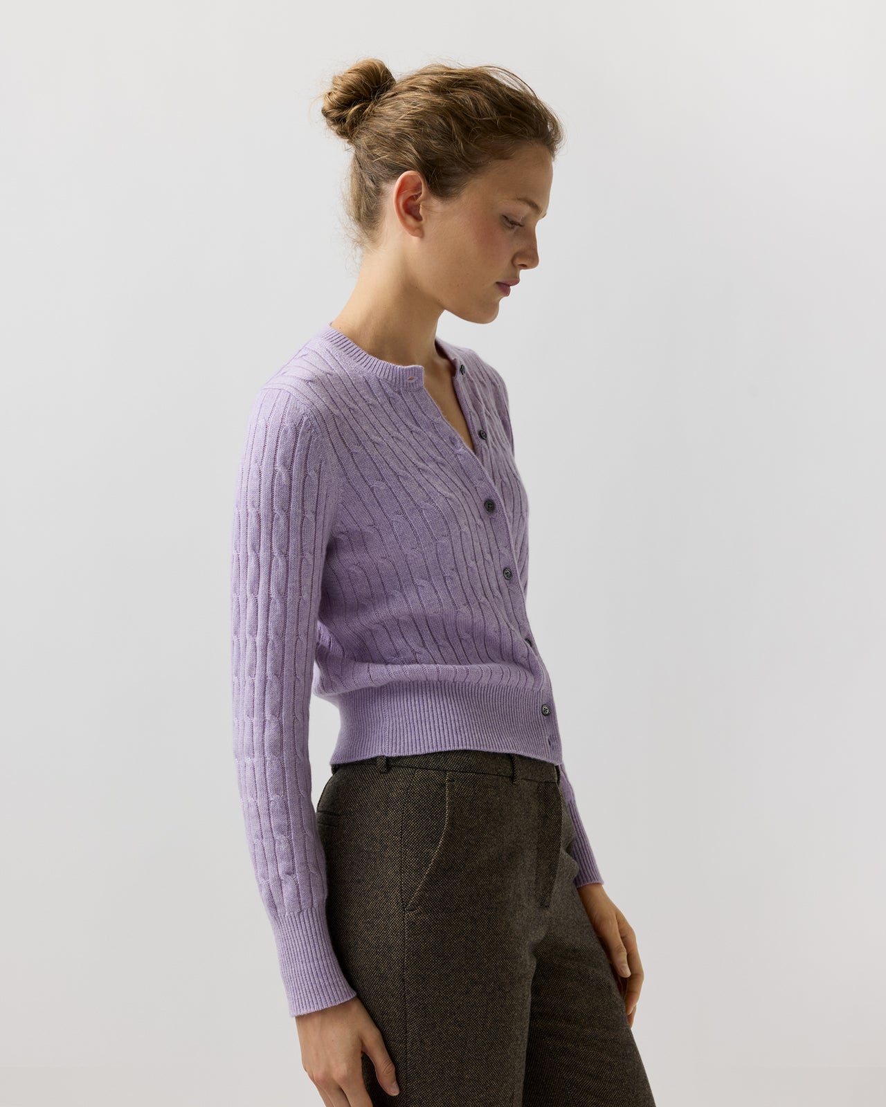 Rosie Cable Cardigan in Heather Lavender Cashmere