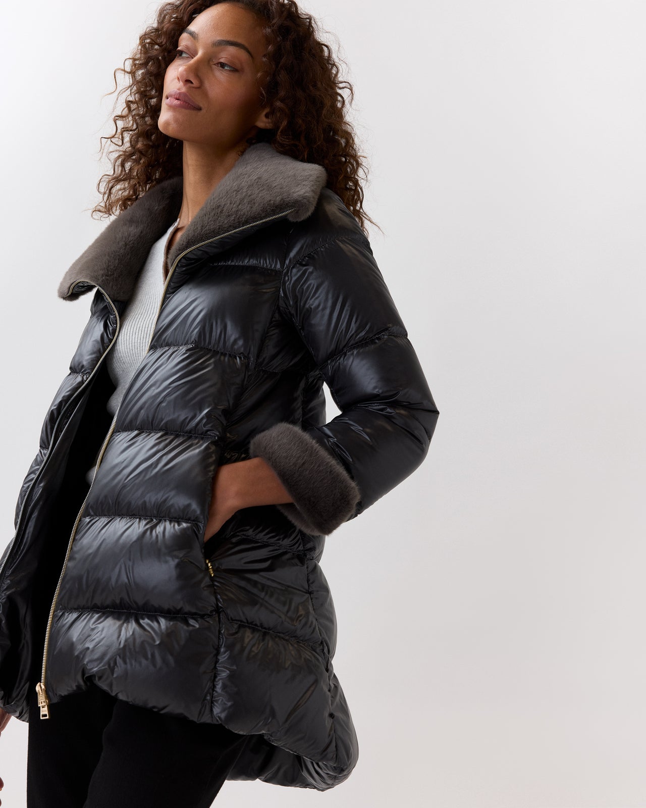 High-Low Coat With Faux-Fur Collar in Charcoal