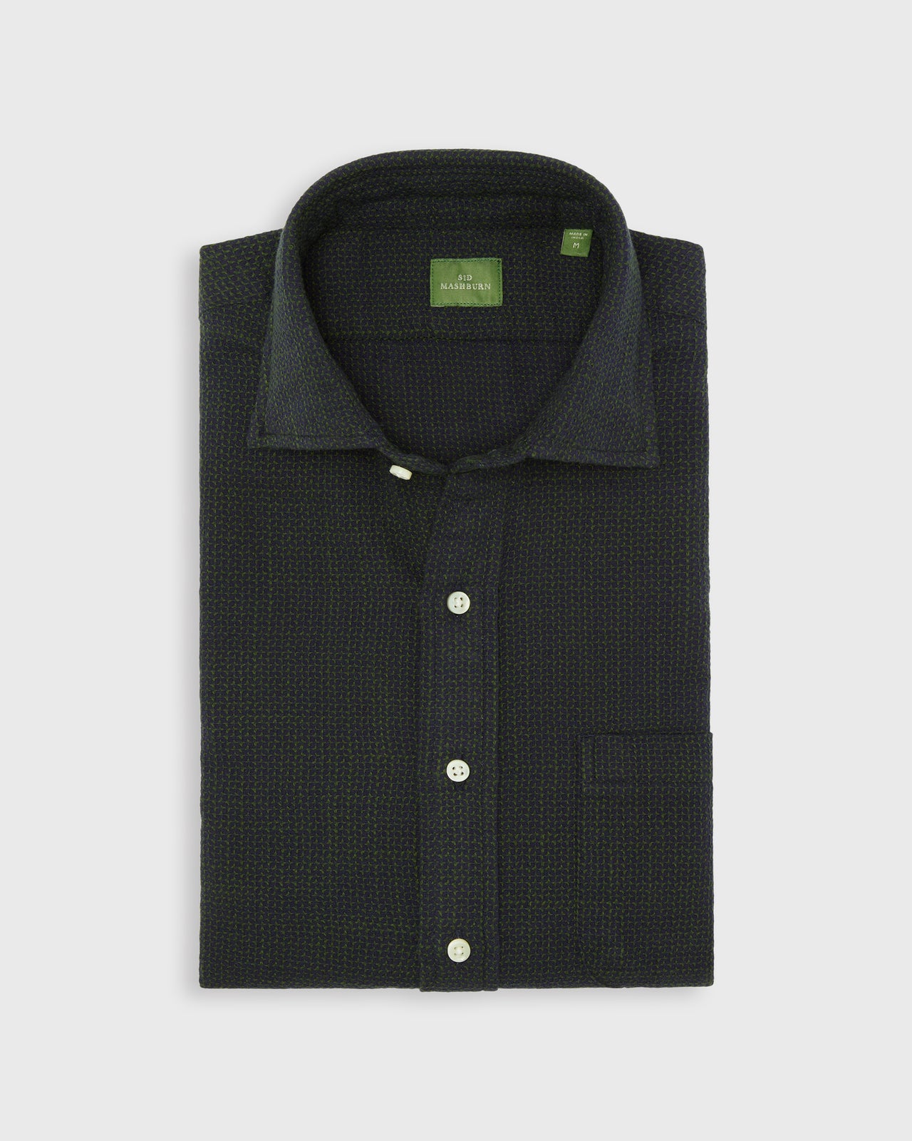 Spread Collar Sport Shirt in Navy/Green Jacquard