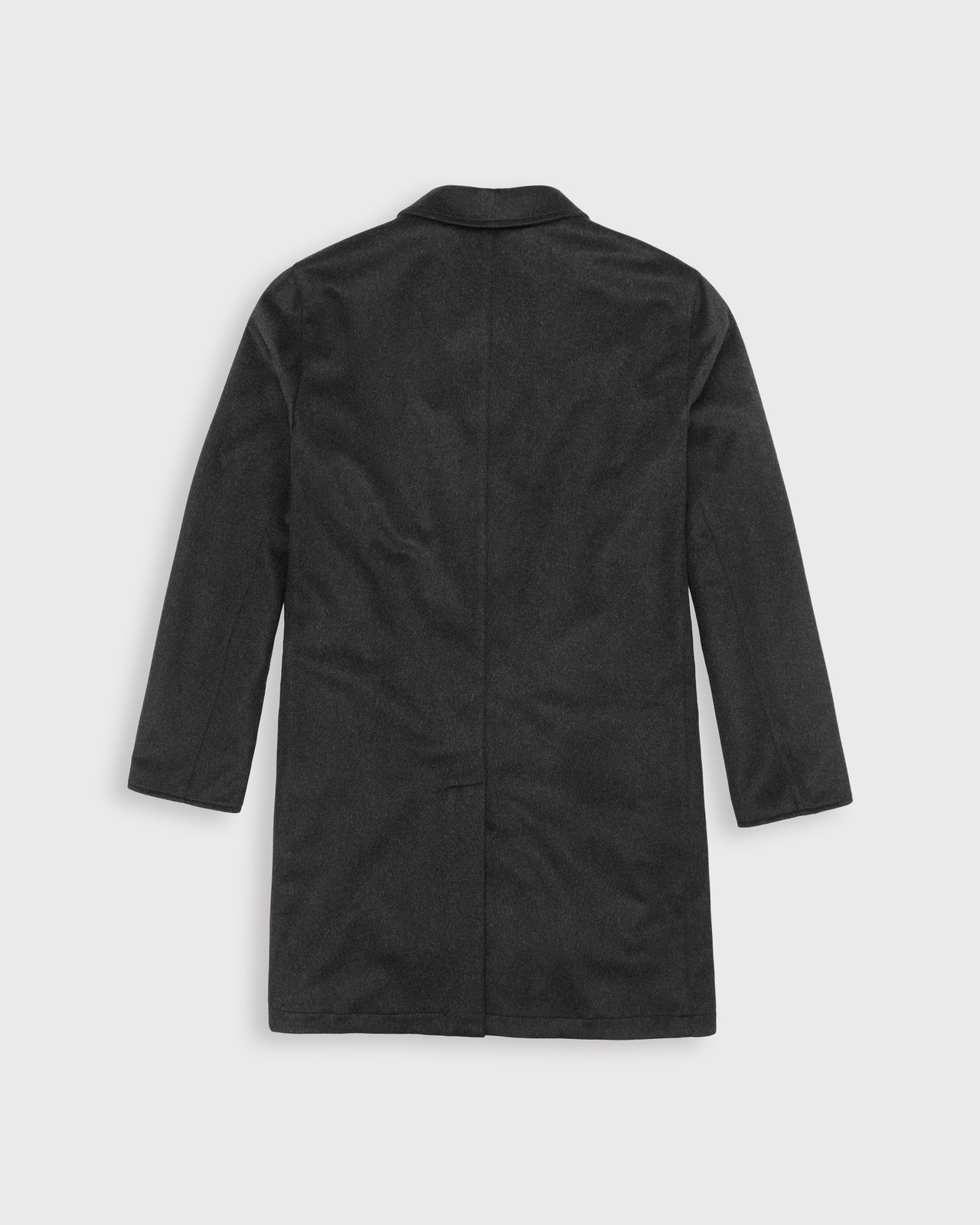 A dark charcoal gray cashmere coat shown from the back, featuring a classic collar and long sleeves, laid flat against a light gray background.