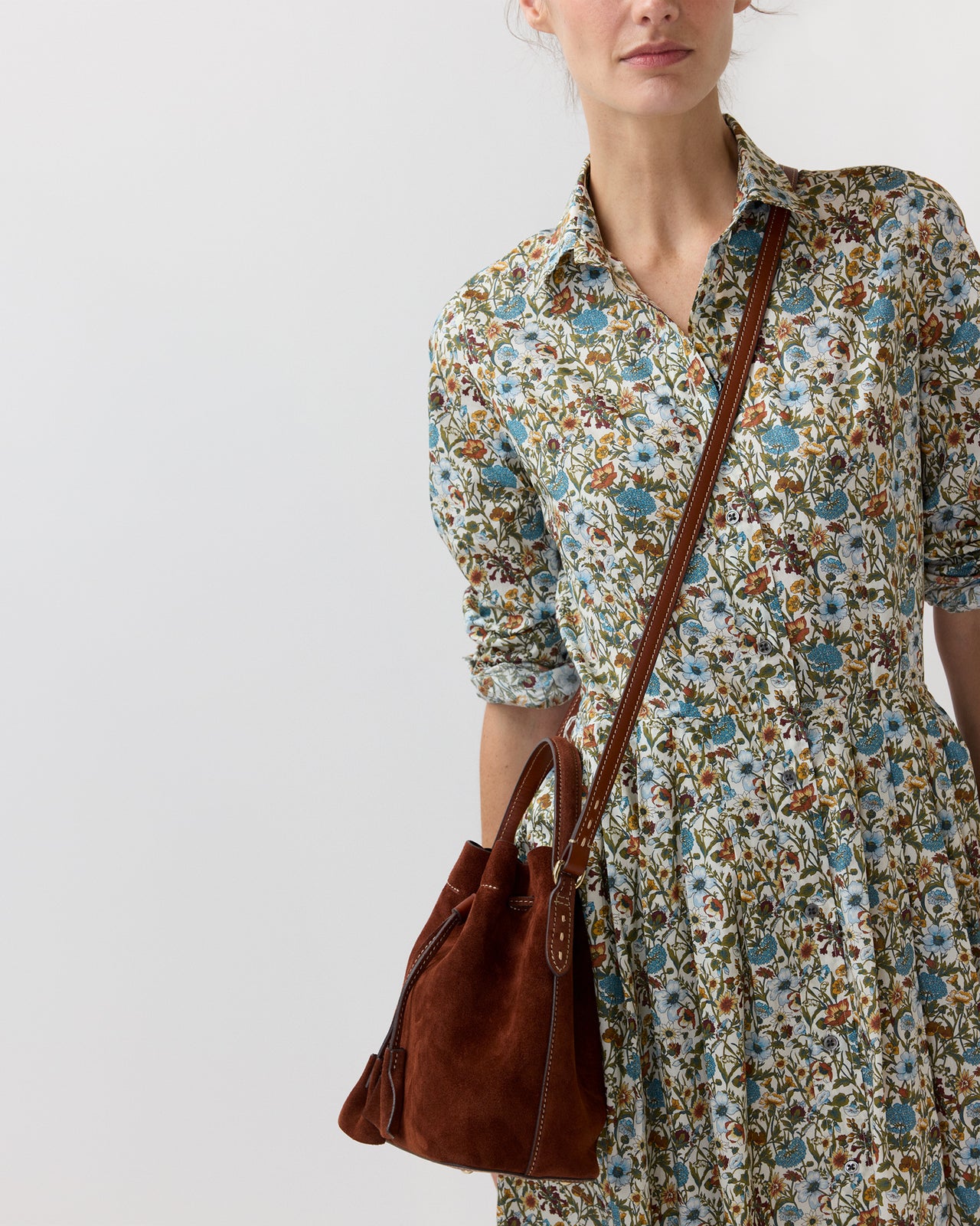Lulu Bucket Bag in Walnut Suede/English Tan Leather