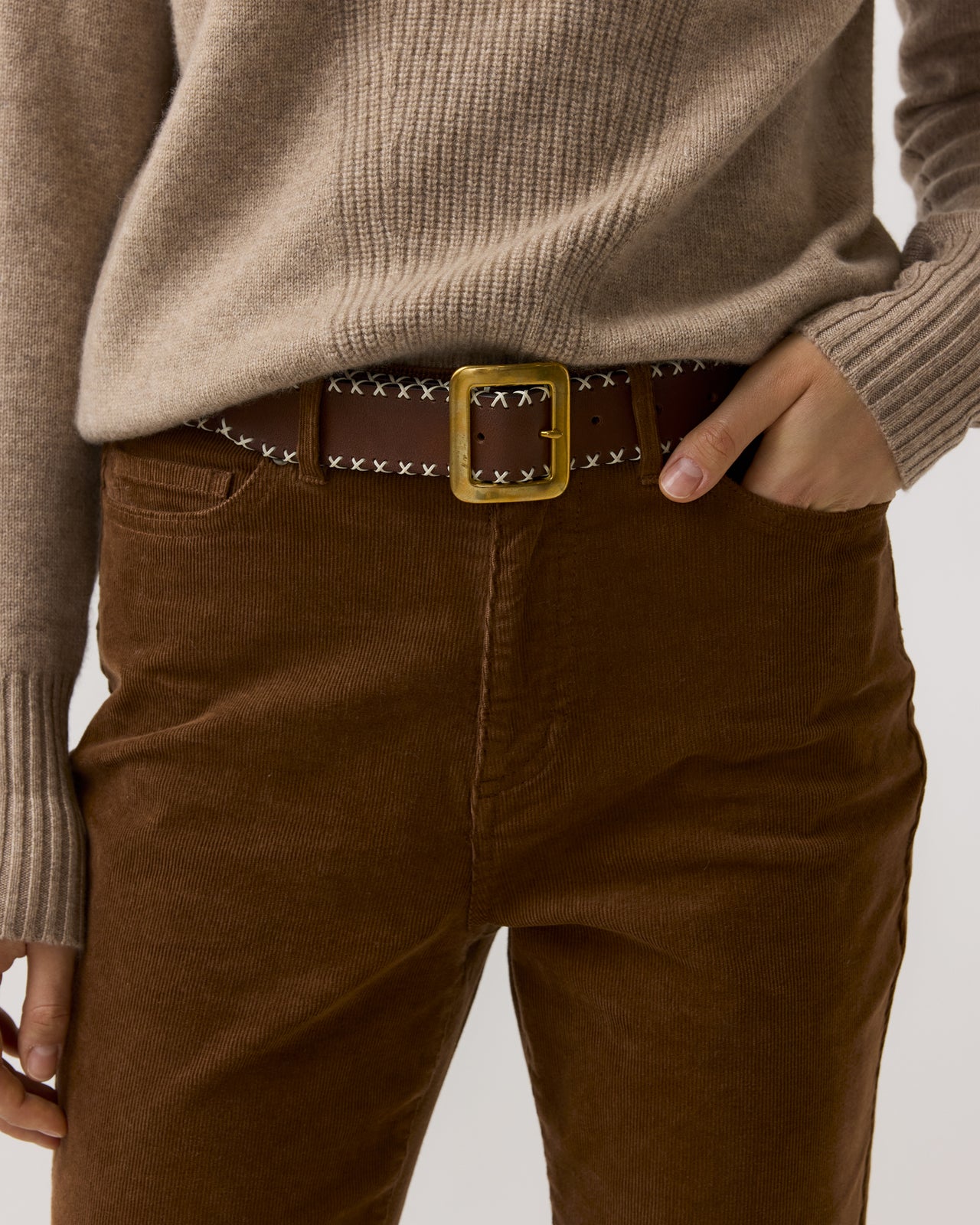 Hand-Cross-Stitched Belt in Espresso Leather
