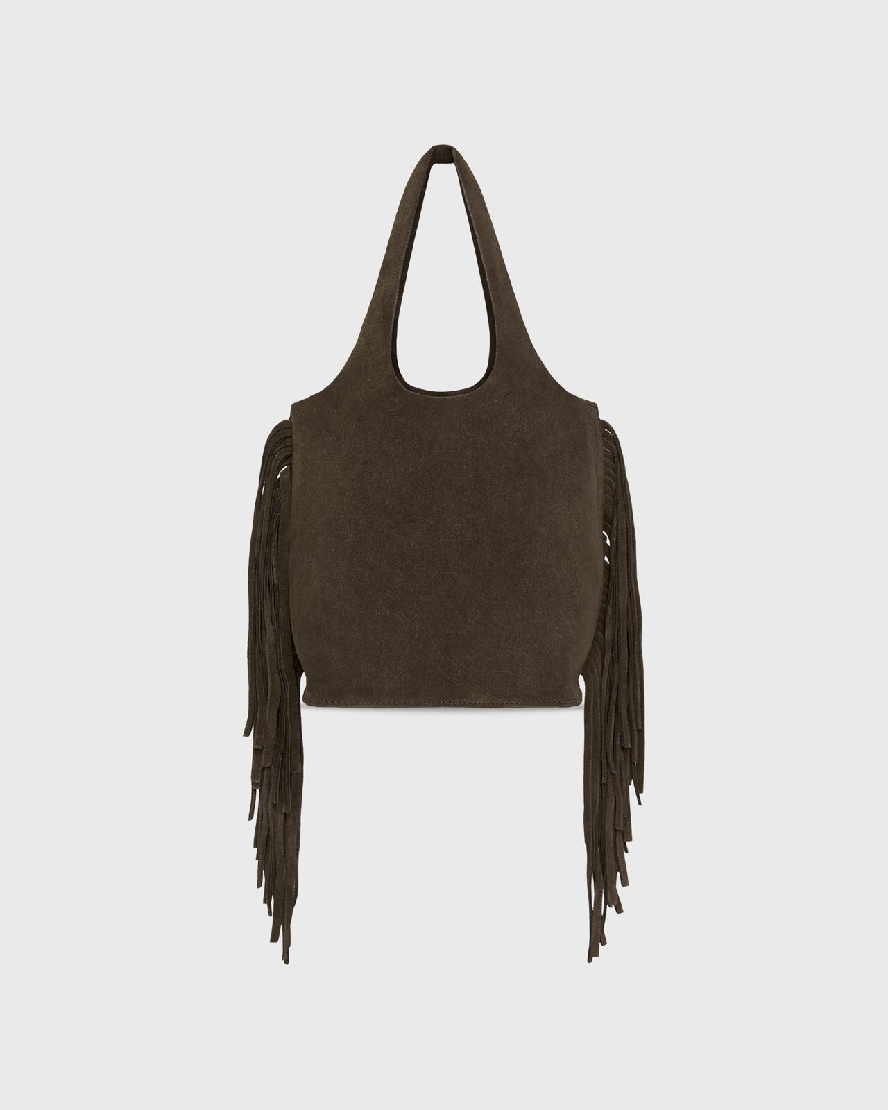 Fringed Paola Bucket Bag in Dark Brown Suede/Leather