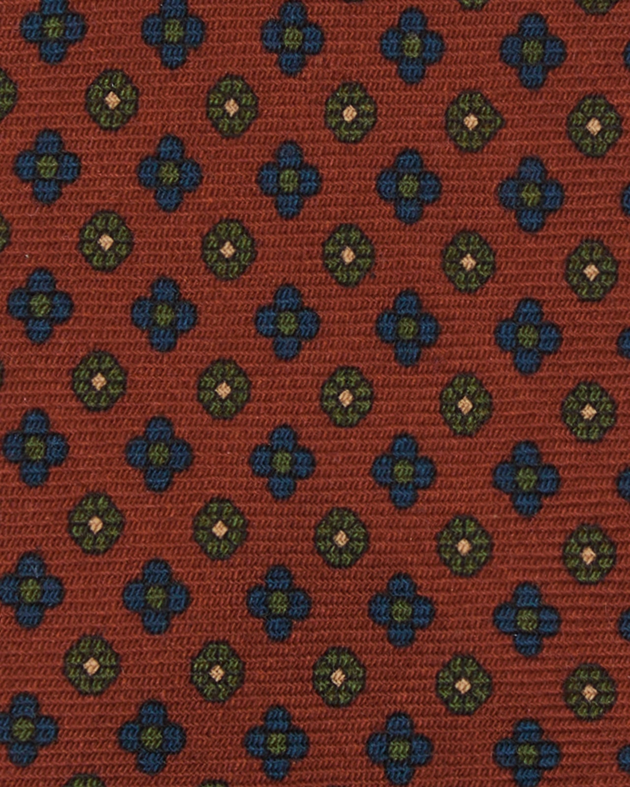 Hand-Rolled Wool Print Tie in Red/Blue/Olive Foulard