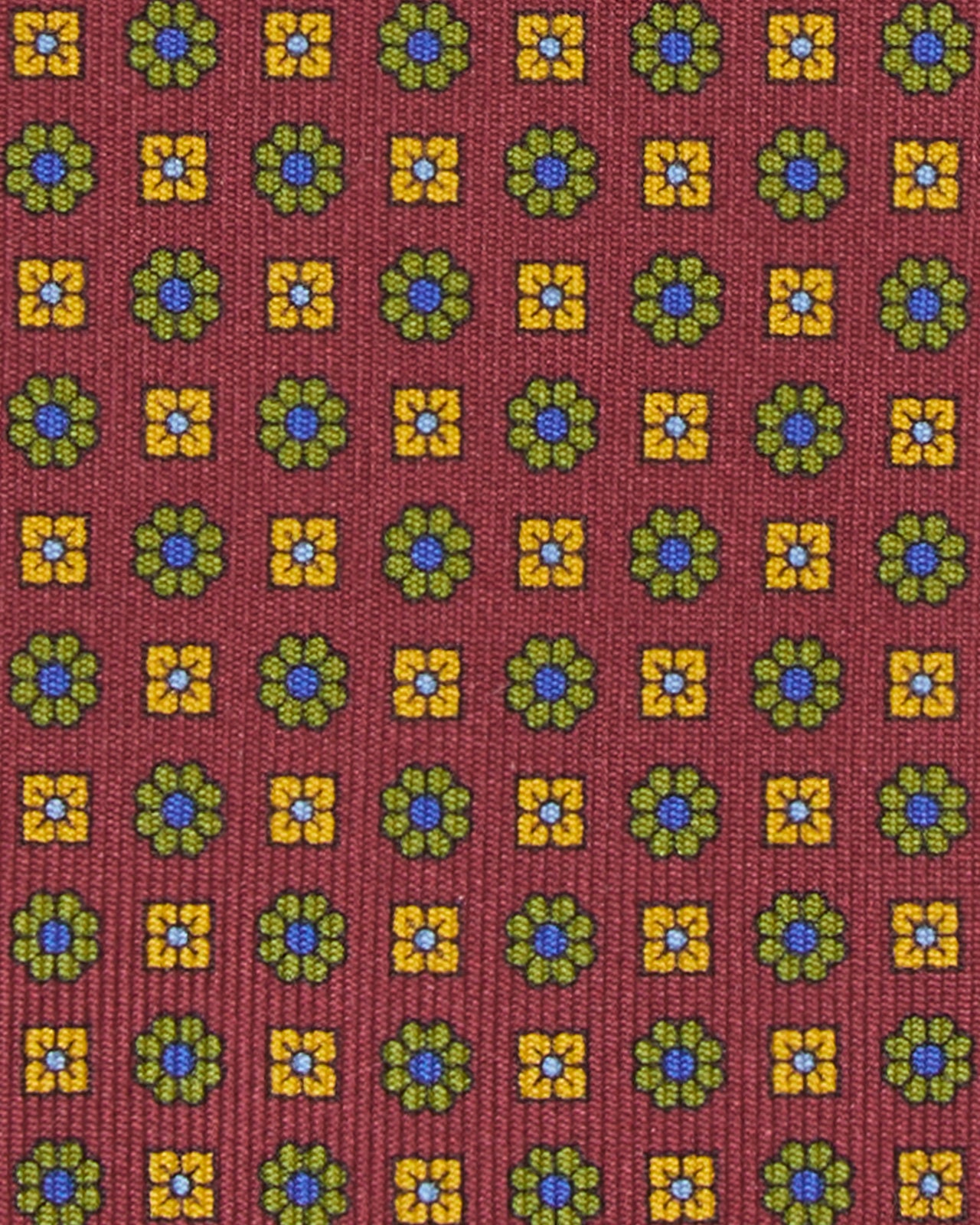 Hand-Rolled Silk Print Tie in Beet/Avocado/Yellow Flower