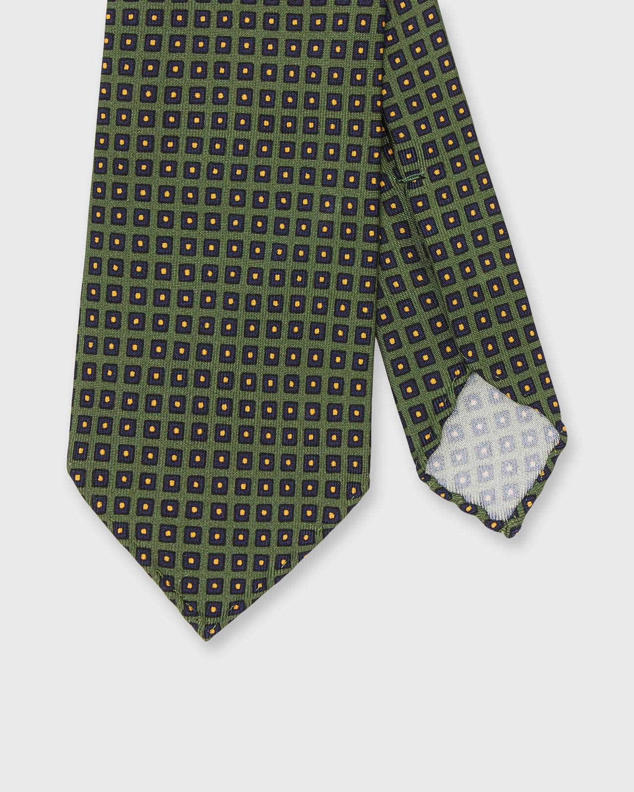 Hand-Rolled Silk Print Tie in Green/Navy/Yellow Square