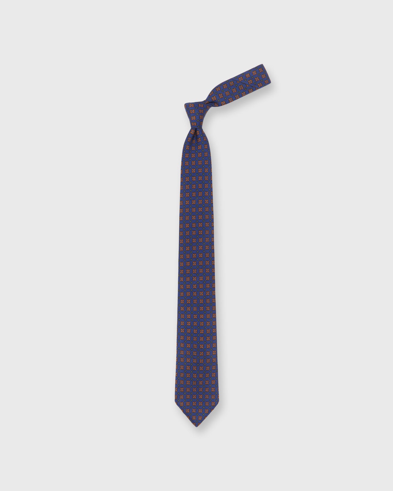 Hand-Rolled Wool Print Tie in Royal/Rust/Green Diamond