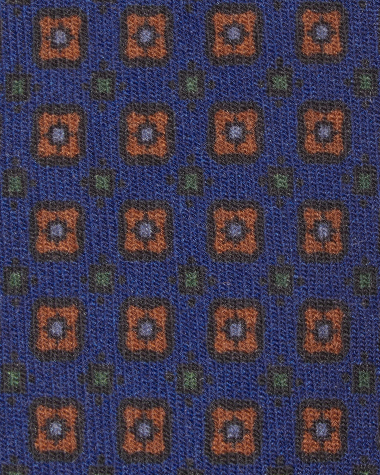 Hand-Rolled Wool Print Tie in Royal/Rust/Green Diamond