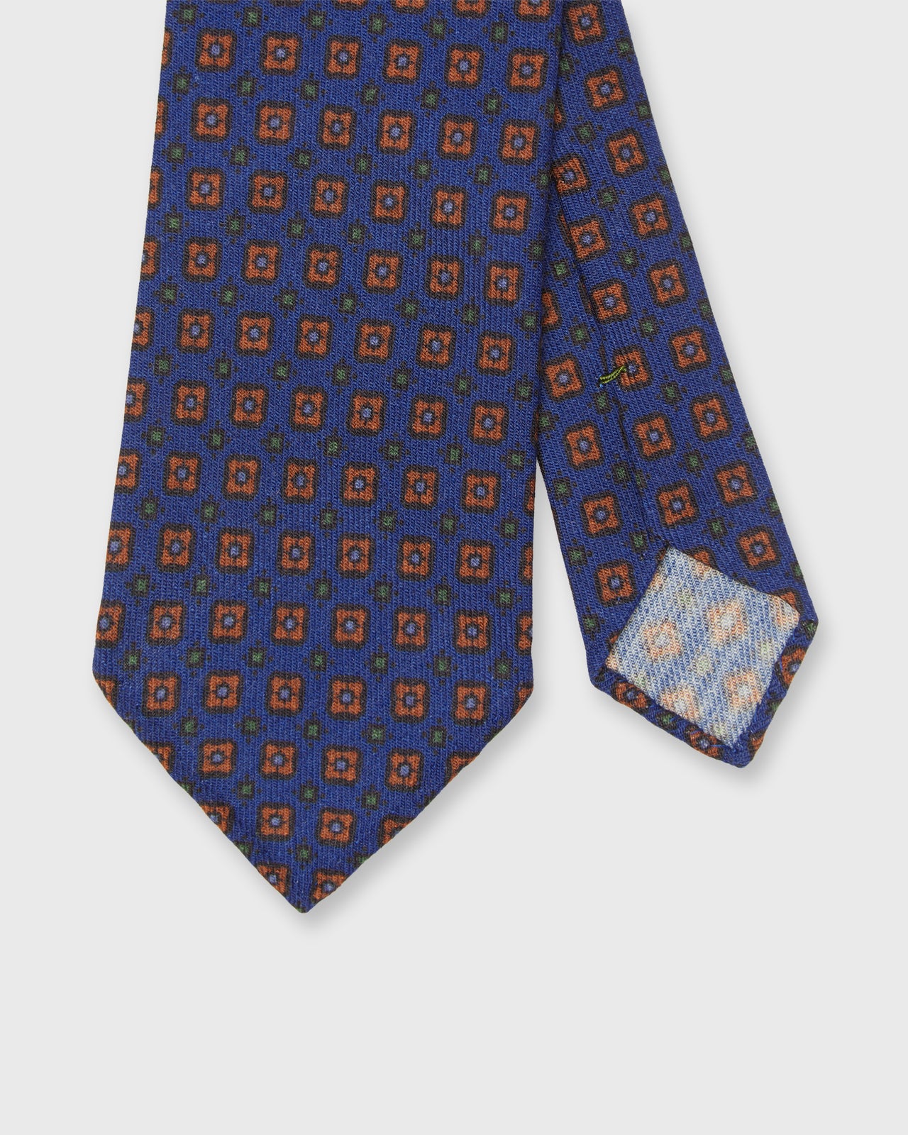 Hand-Rolled Wool Print Tie in Royal/Rust/Green Diamond