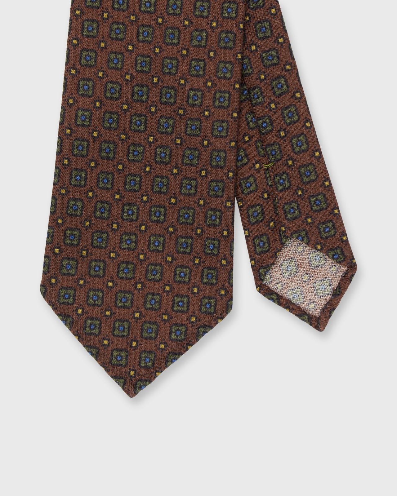 Wool Print Tie in Brown/Olive/Gold Diamond