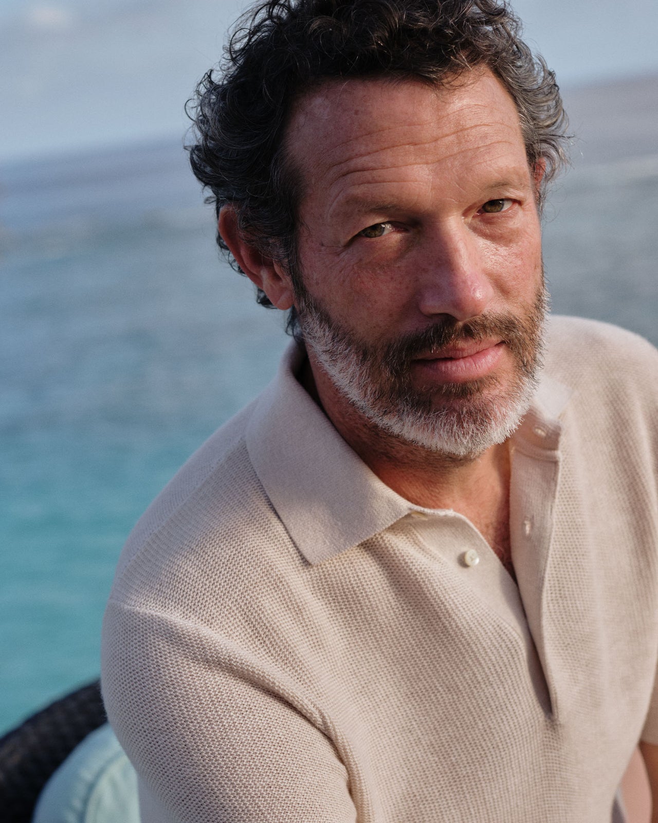 Textured Hyannis Polo Sweater in Bone Cotton/Linen