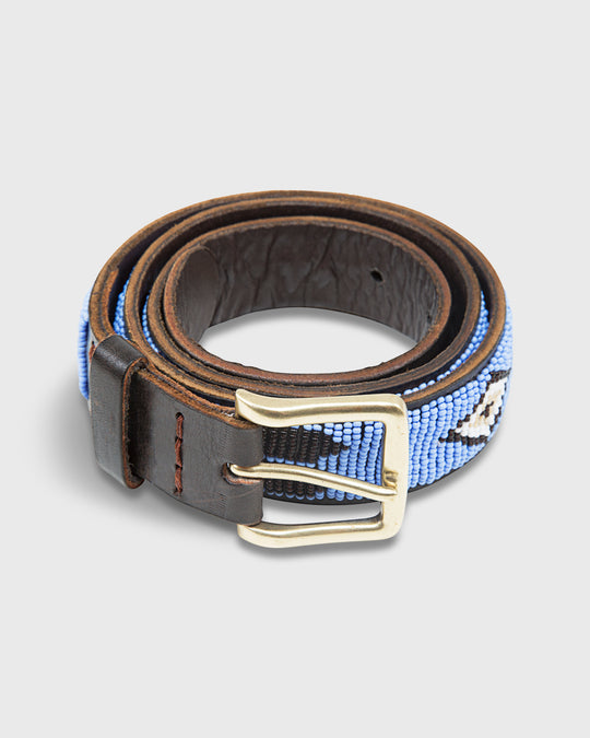 1.25" African Beaded Belt in Sky/Dark Brown/White Feather