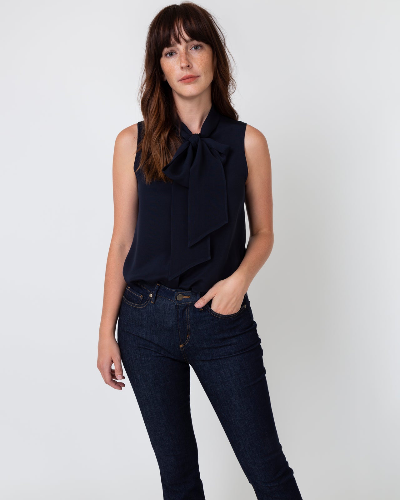 Sleeveless Tie-Neck Blouse in Navy Silk Crepe de Chine