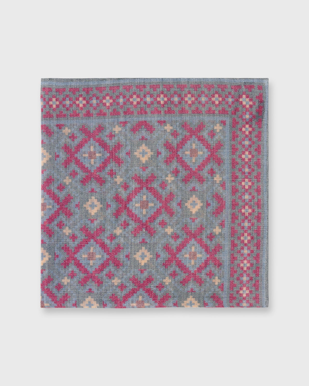 Hand-Rolled Wool/Silk Print Pocket Square in Evergreen/Burgundy/Gold Aztec