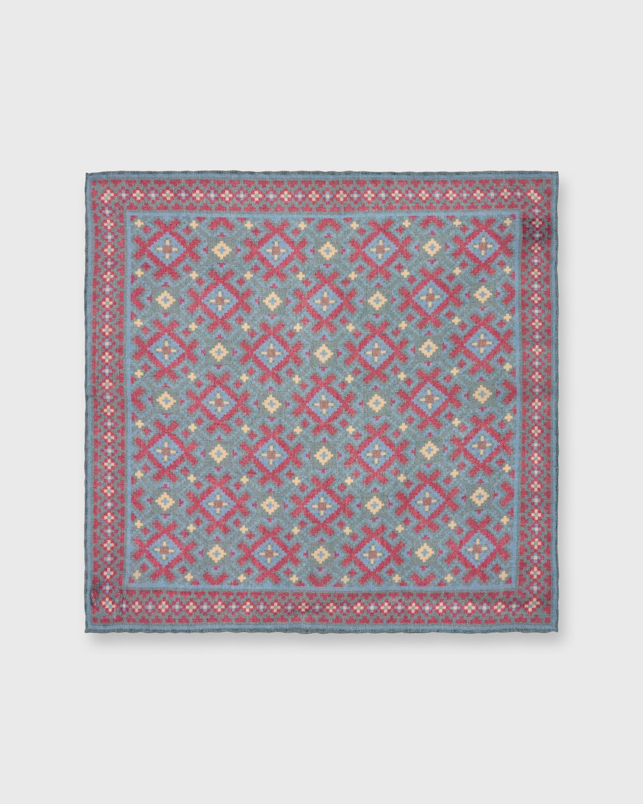 Hand-Rolled Wool/Silk Print Pocket Square in Evergreen/Burgundy/Gold Aztec