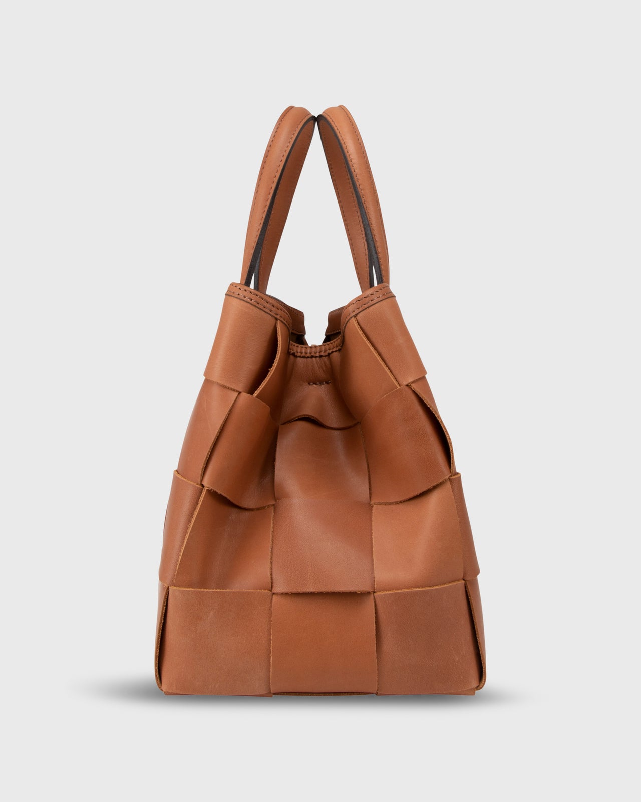 Wide Woven Satchel Bag in Biscuit Leather