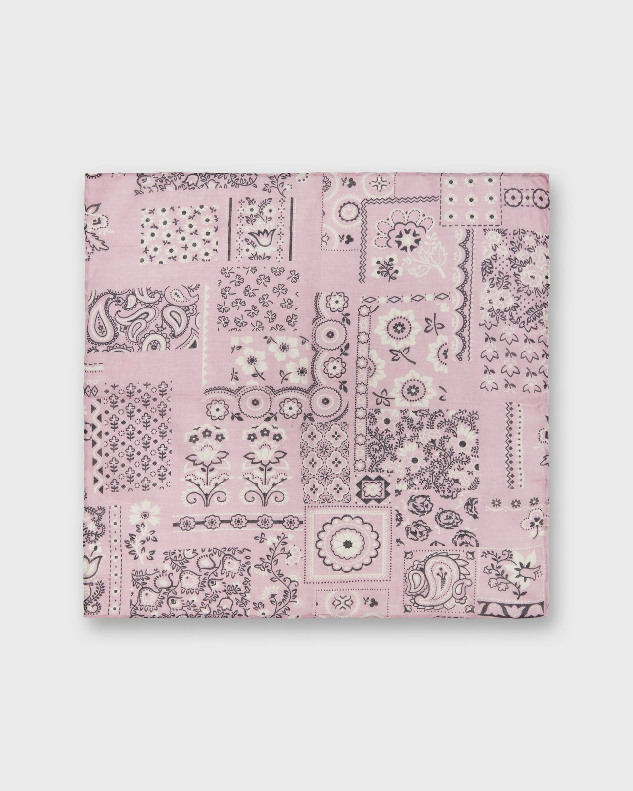 Hand-Rolled Cotton Print Pocket Square in Pink Patchwork Paisley