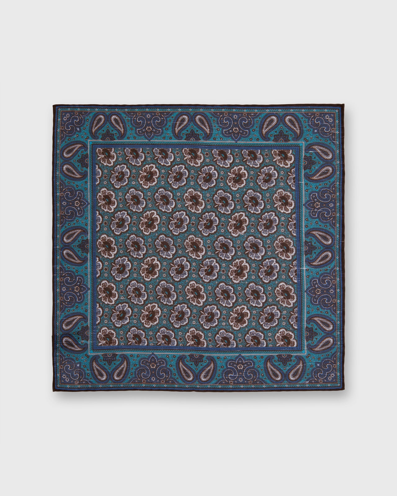 Hand-Rolled Linen/Cotton Print Pocket Square in River/Brown Paisley
