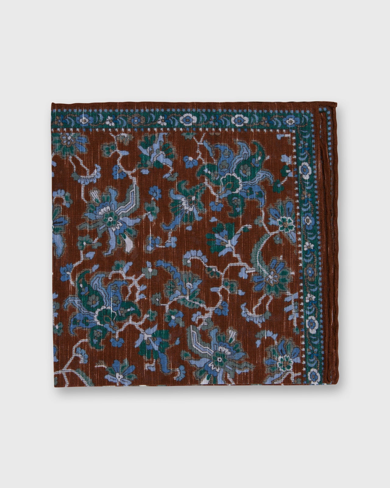 Hand-Rolled Linen/Cotton Print Pocket Square in Brown/Blue/Green Large Floral