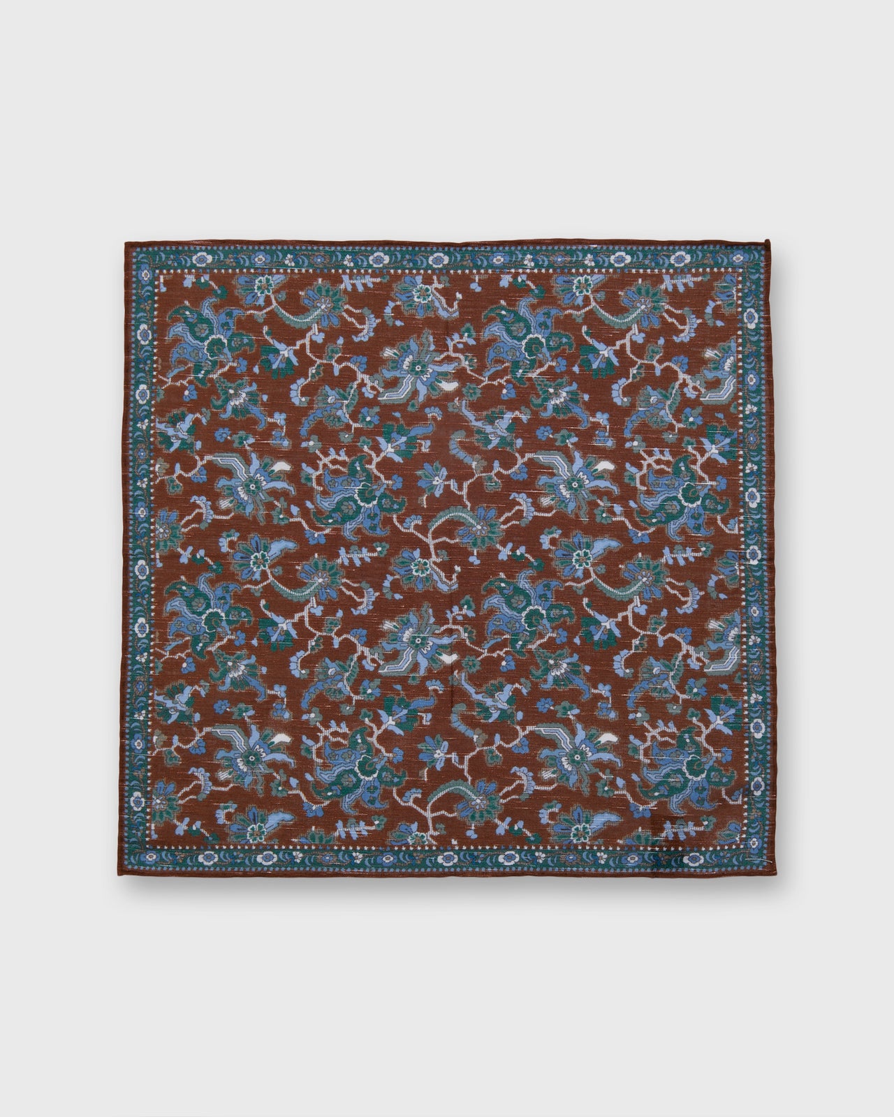 Hand-Rolled Linen/Cotton Print Pocket Square in Brown/Blue/Green Large Floral