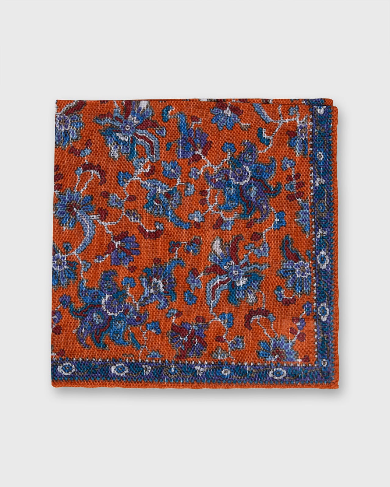 Hand-Rolled Linen/Cotton Print Pocket Square in Orange/Blue Large Floral