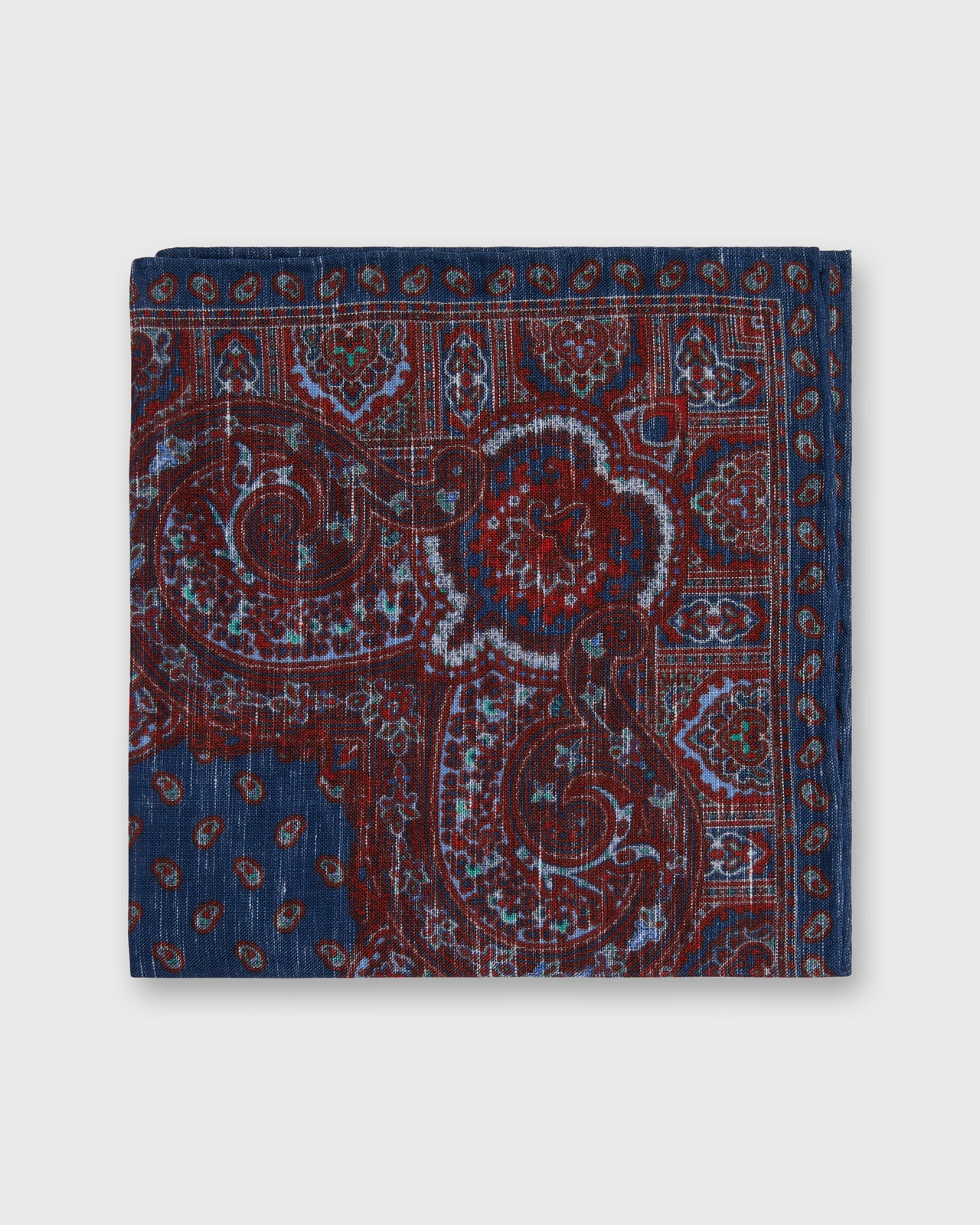 Hand-Rolled Linen/Cotton Print Pocket Square in Navy Paisley