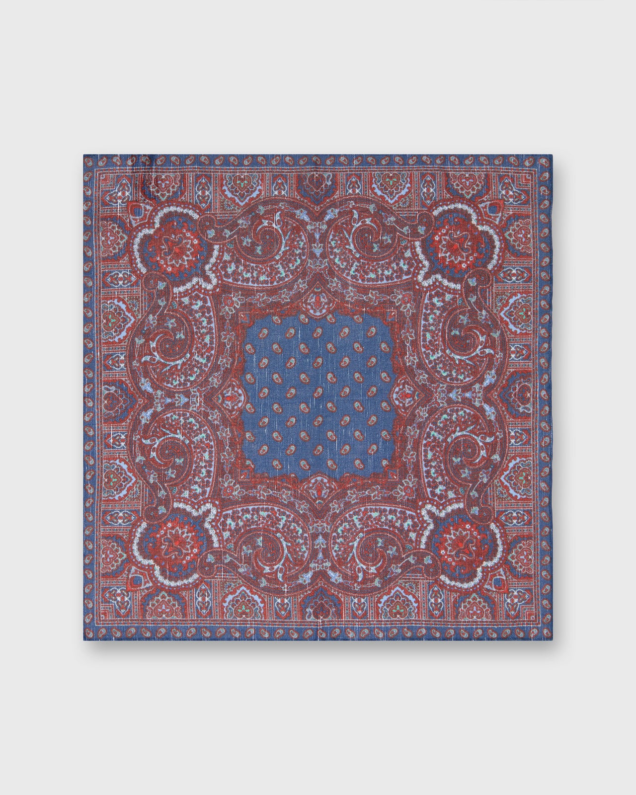 Hand-Rolled Linen/Cotton Print Pocket Square in Navy Paisley