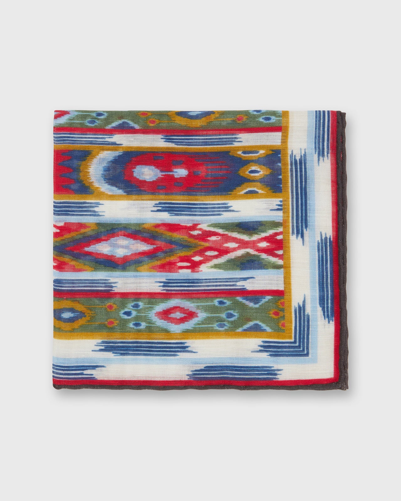 Hand-Rolled Cotton/Linen Print Pocket Square in Bone/Multi Ikat