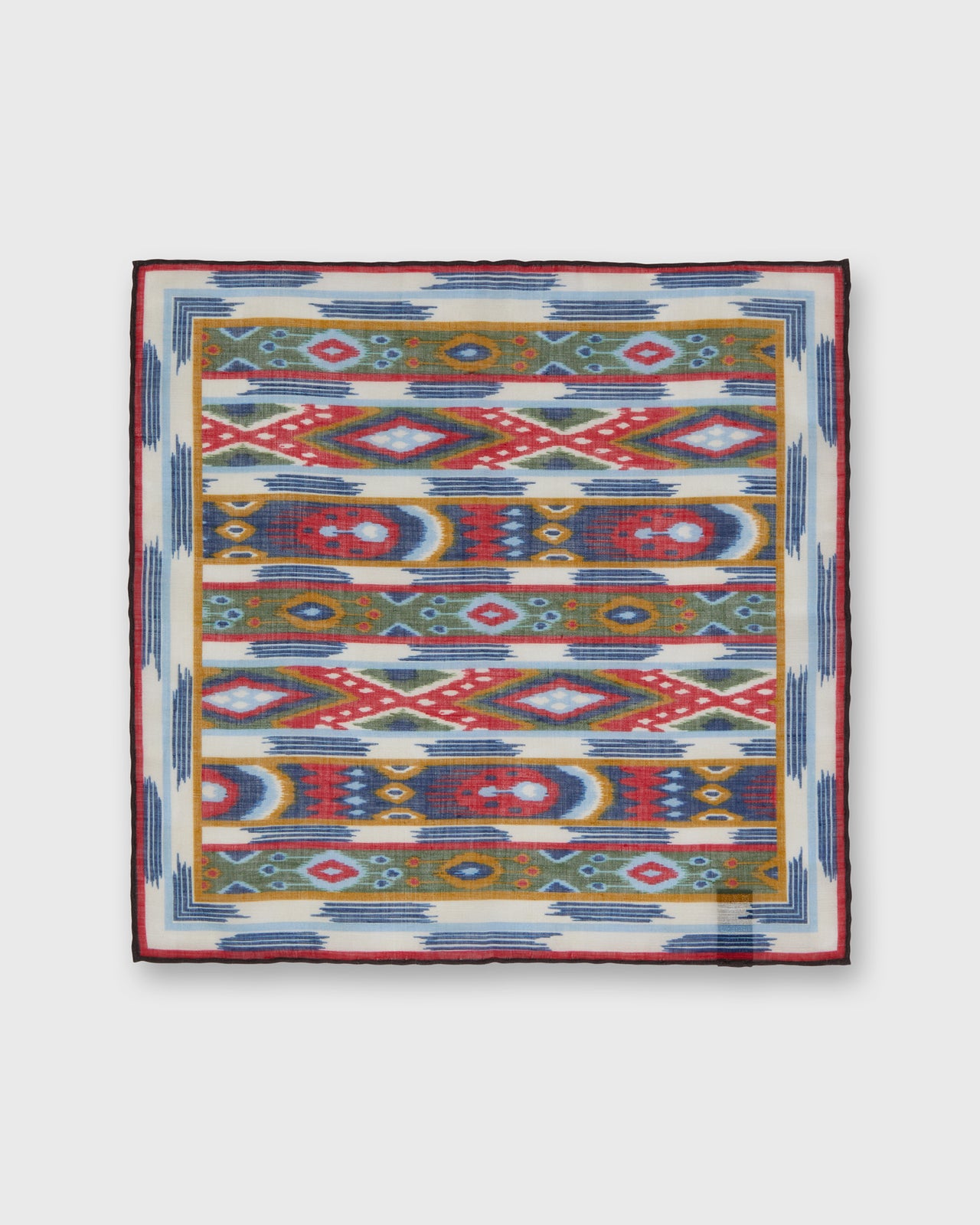 Hand-Rolled Cotton/Linen Print Pocket Square in Bone/Multi Ikat